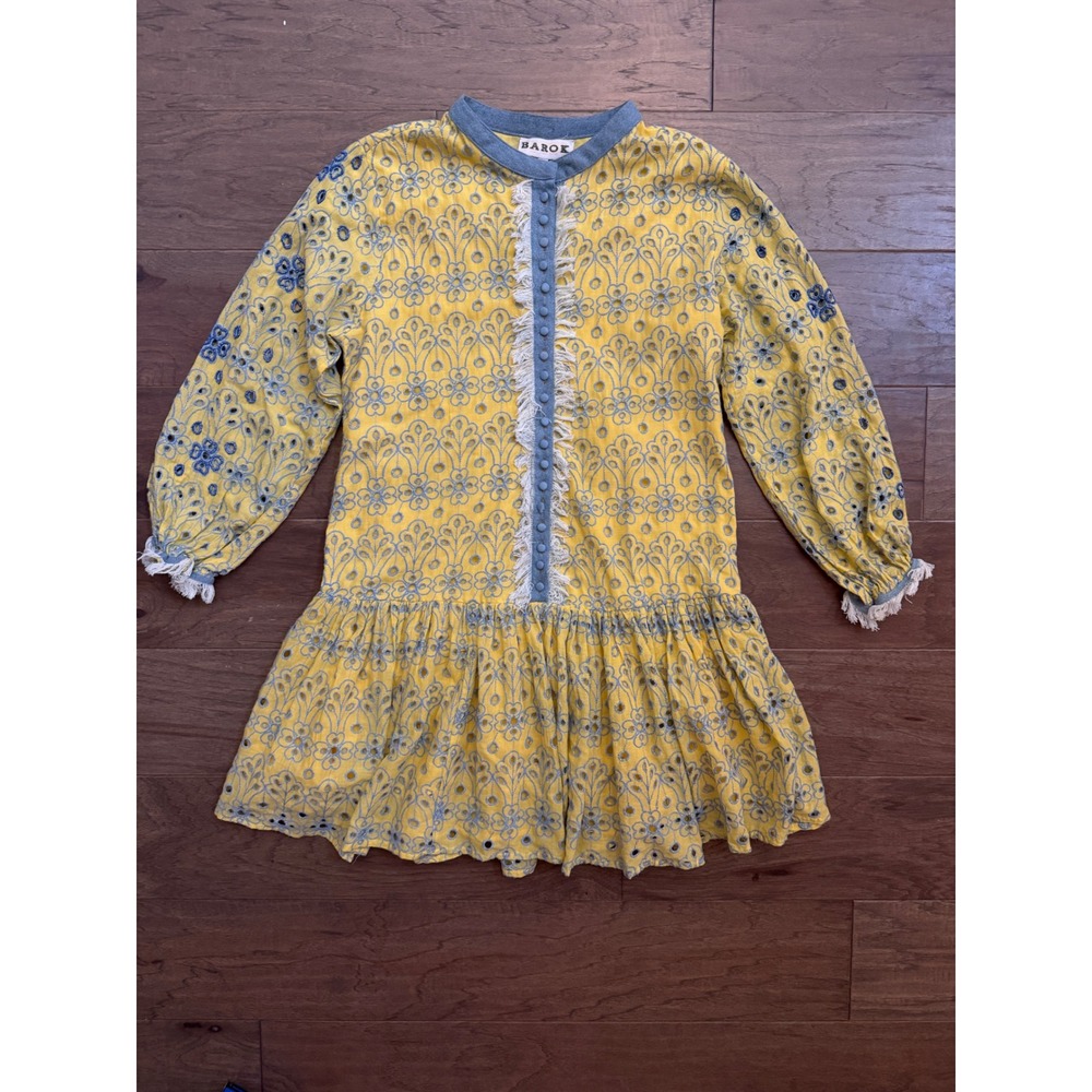 Barok Couture Paris Womens XL‎ Yellow Blue Eyelet Embroidered Mini Dress Fringe